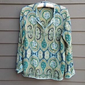 Indigo Palms Silk Blue Green Paisley Peasant Blouse size XL